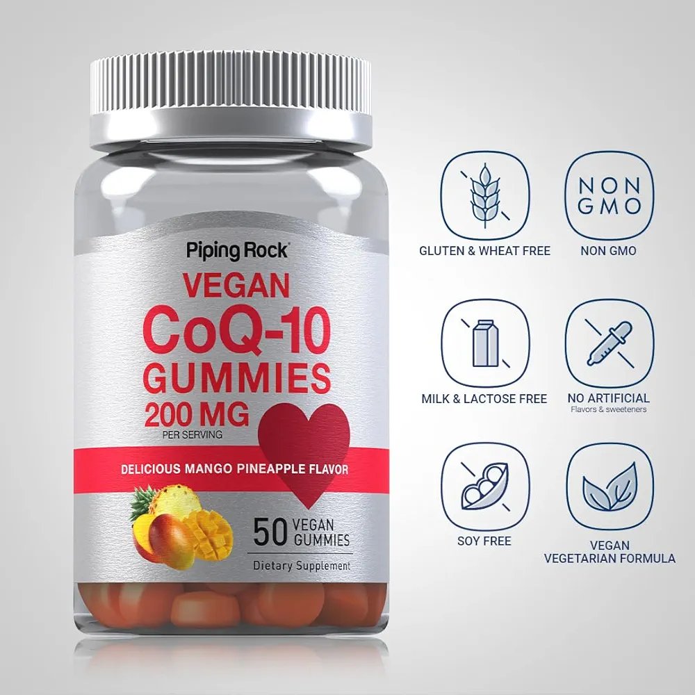 Piping Rock CoQ10 Gummies 200mg – Vegan, Non-GMO, Gluten Free | Mango Pineapple Supplement