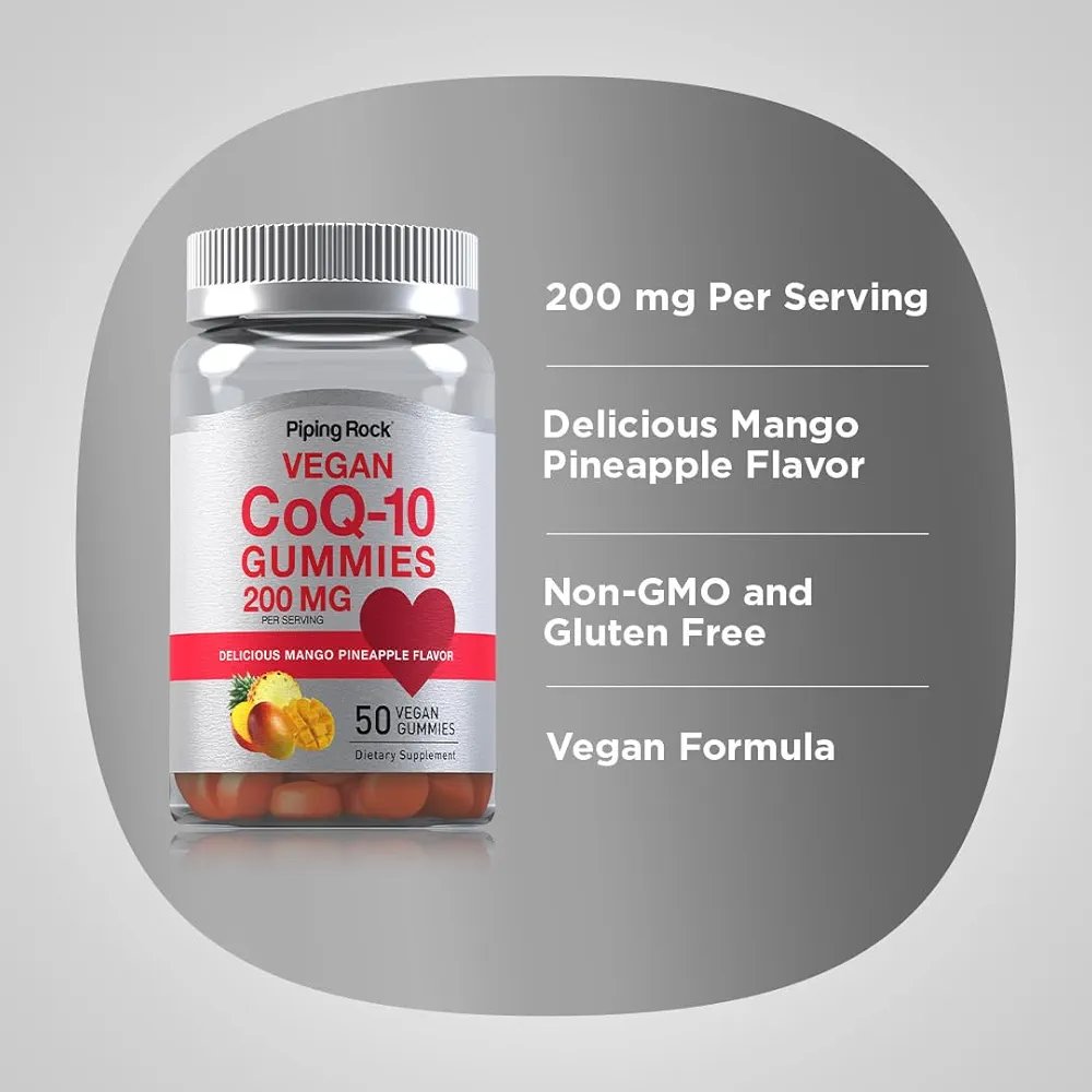 Piping Rock CoQ10 Gummies 200mg – Vegan, Non-GMO, Gluten Free | Mango Pineapple Supplement