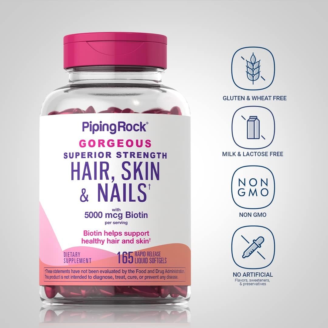 Piping Rock Hair, Skin & Nails Gummies | 2500 mcg Biotin + Vitamins C & E | Fruit Flavor | Vegan, Non-GMO, Gluten Free | 80 Gummies