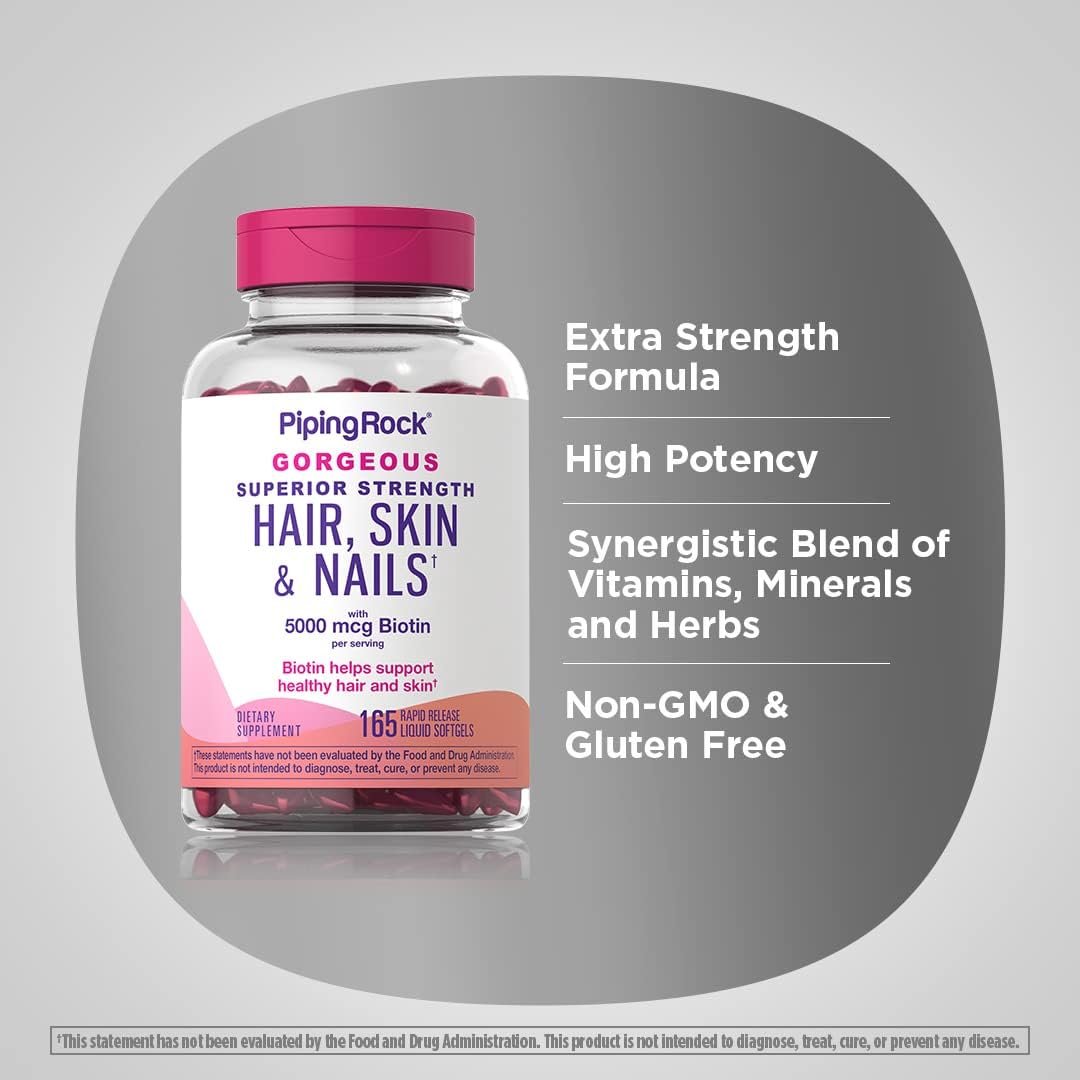 Piping Rock Hair, Skin & Nails Gummies | 2500 mcg Biotin + Vitamins C & E | Fruit Flavor | Vegan, Non-GMO, Gluten Free | 80 Gummies