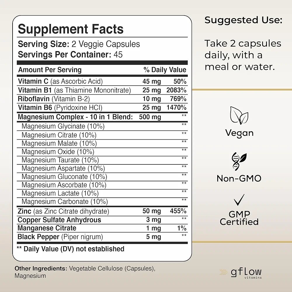 2025/06/1000345258.jpg gFlow Magnesium Complex – 10 Types + B Vitamins | 90 Capsules | Vegan, High Potency Supplement