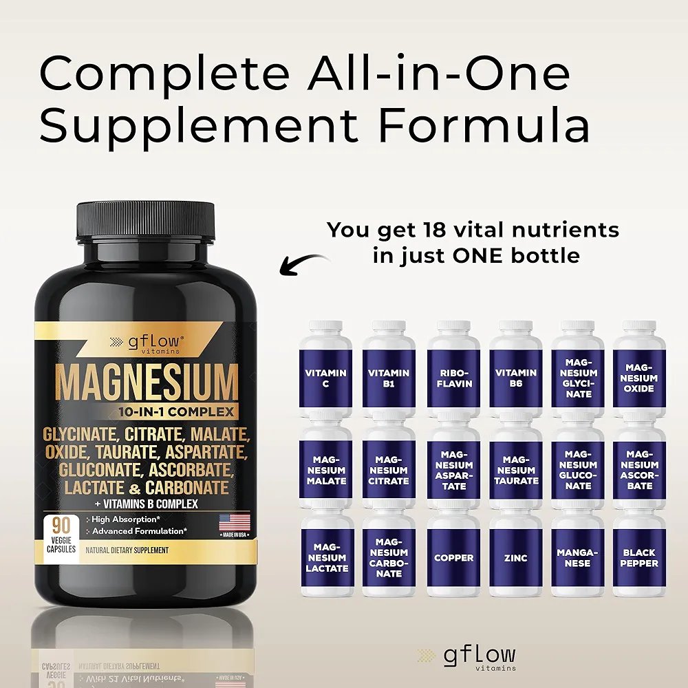 2025/06/1000345260.jpg gFlow Magnesium Complex – 10 Types + B Vitamins | 90 Capsules | Vegan, High Potency Supplement