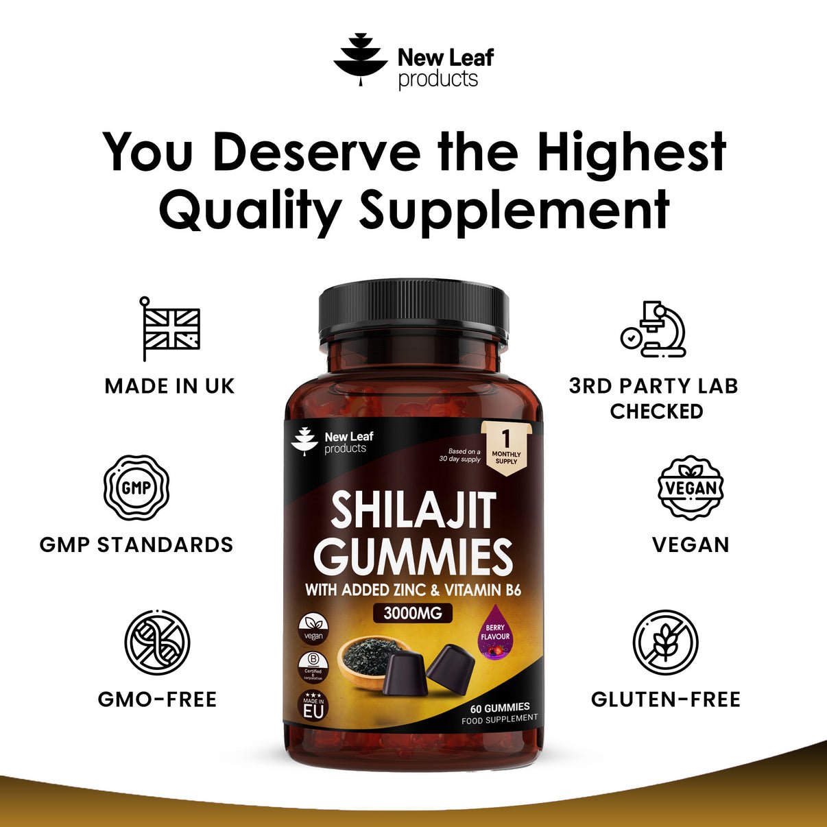 New Leaf Shilajit Gummies with Zinc & Vitamin B6 | 3000 mg Shilajit • Vegan • 60 Berry-Flavour Gummies