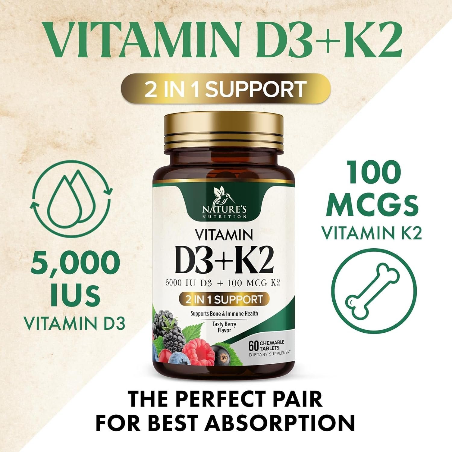 Nature’s Nutrition Vitamin D3 + K2 – 5000 IU D3 & 100 mcg MK-7 | 60 Chewable Tablets | Berry Flavor | Bone & Immune Support