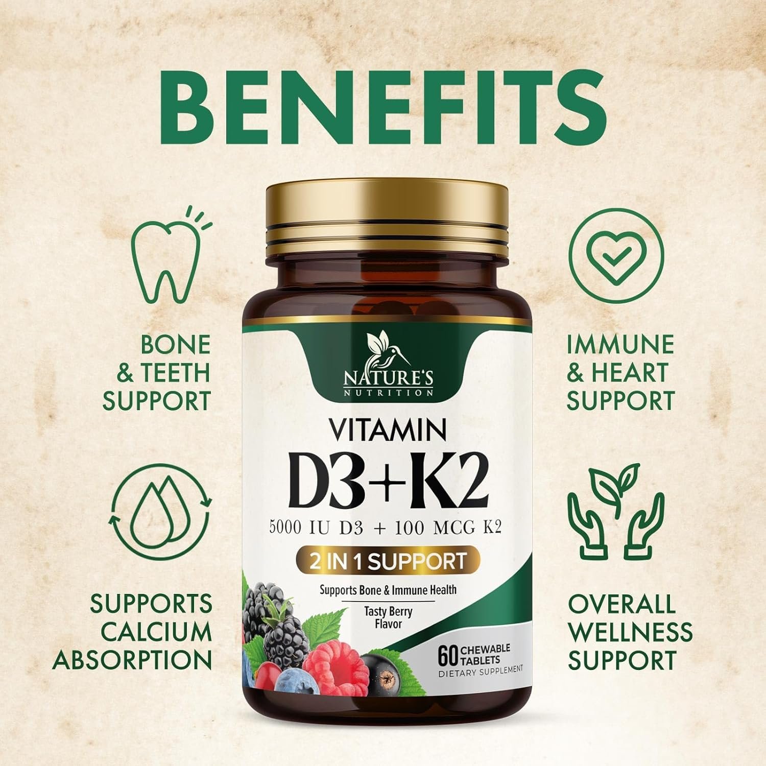 2025/07/71FFQ08v2BPL._AC_SL1500_.jpg Nature’s Nutrition Vitamin D3 + K2 – 5000 IU D3 & 100 mcg MK-7 | 60 Chewable Tablets | Berry Flavor | Bone & Immune Support