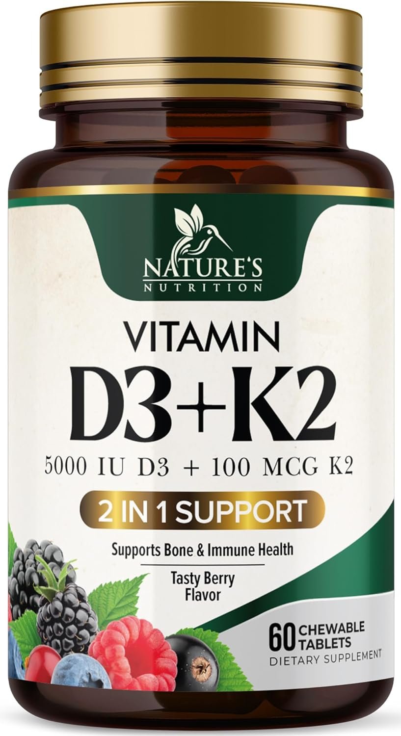 2025/07/71gFpqzjz0L._AC_SL1500_.jpg Nature’s Nutrition Vitamin D3 + K2 – 5000 IU D3 & 100 mcg MK-7 | 60 Chewable Tablets | Berry Flavor | Bone & Immune Support
