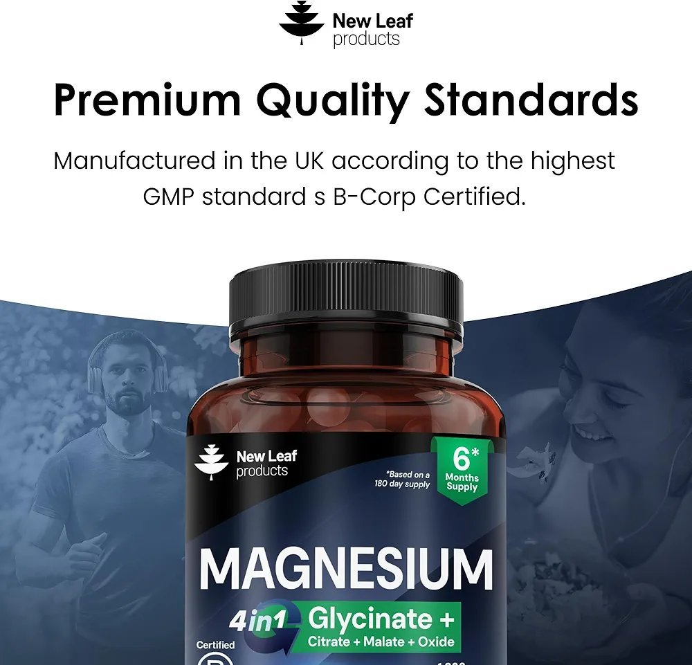 Magnesium Glycinate 4-in-1 Complex 2000mg – High Strength Magnesium Supplements – Bisglycinate,Citrate, Malate, Oxide – 360 Capsules 449mg Elemental – Vegan UK Made by New Leaf