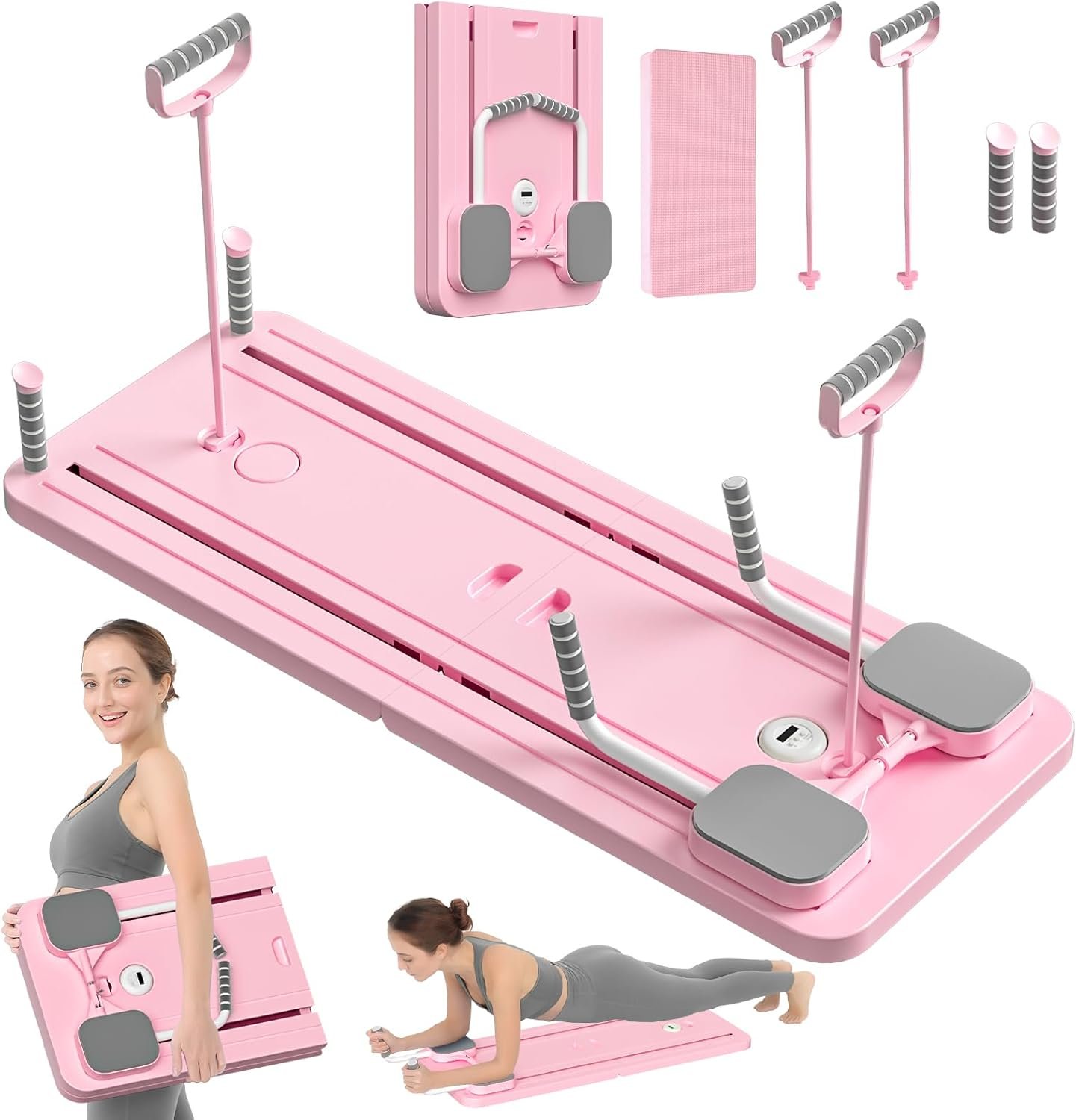 MULTI-PURPOSE PORTABLE PILATES REFORMER BOARD - HOME FITNESS SLIDING PLATFORM WITH RESISTANCE BANDS